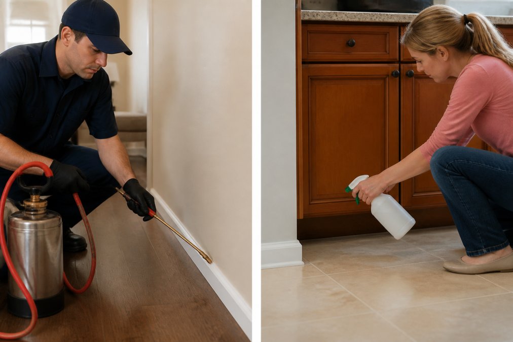 A licensed pest control technician in uniform applying a residual treatment along the base of an interior wall in a residential home, professional equipment visible, warm interior lighting