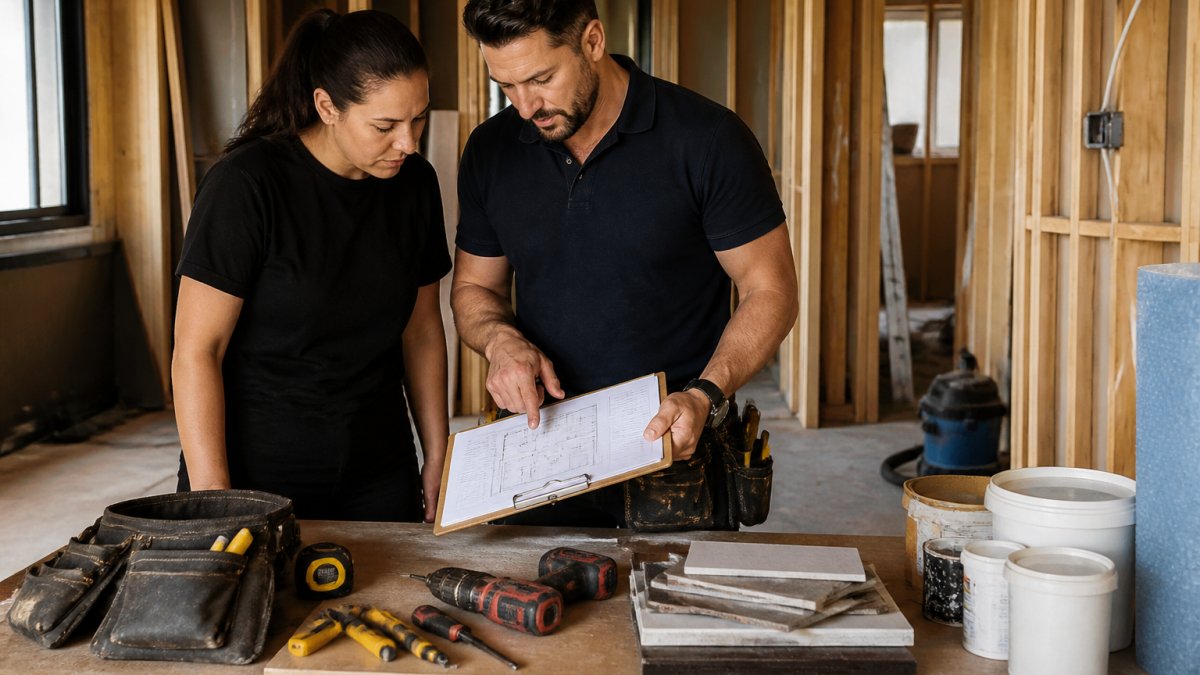 Homeowner and builder reviewing renovation plans, blueprints, and cost spreadsheets on a clipboard at a construction site with visible building materials