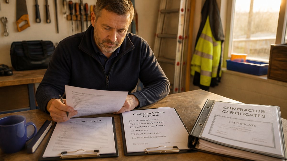 Property manager reviewing contractor credentials and maintenance request documents at desk with checklist and certificates visible, natural office lighting