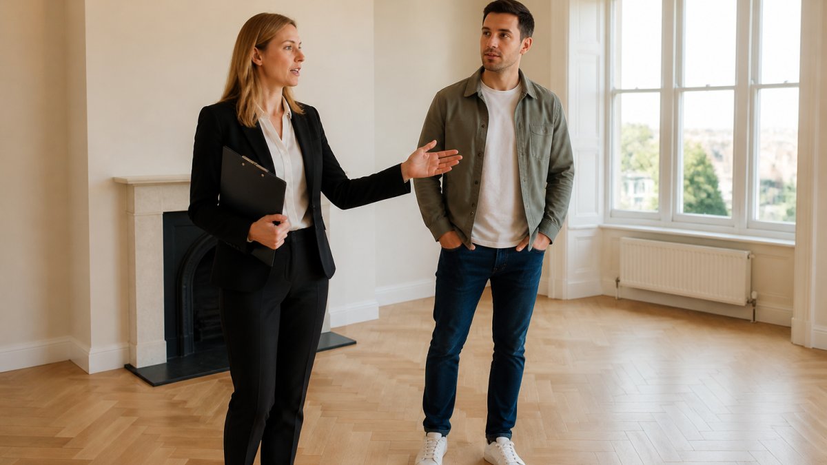 Professional property agent showing a prospective tenant around a bright, modern living room with large windows and neutral décor, both standing in the empty rental space
