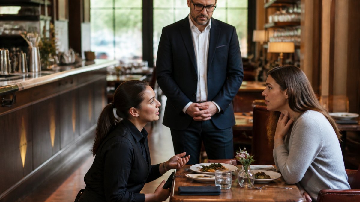 A restaurant server kneeling at a table, speaking calmly with a concerned guest while a manager stands nearby ready to help
