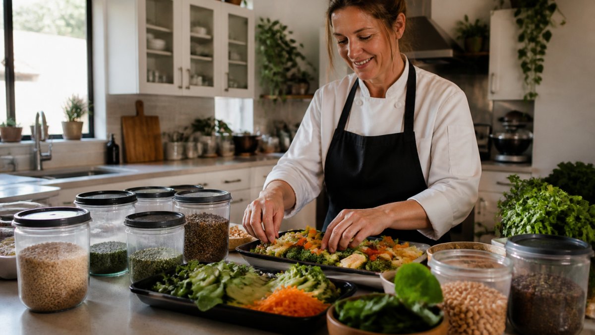 A retreat chef in a clean kitchen carefully preparing a colorful, allergen-safe meal with fresh vegetables and labeled ingredient containers on the counter