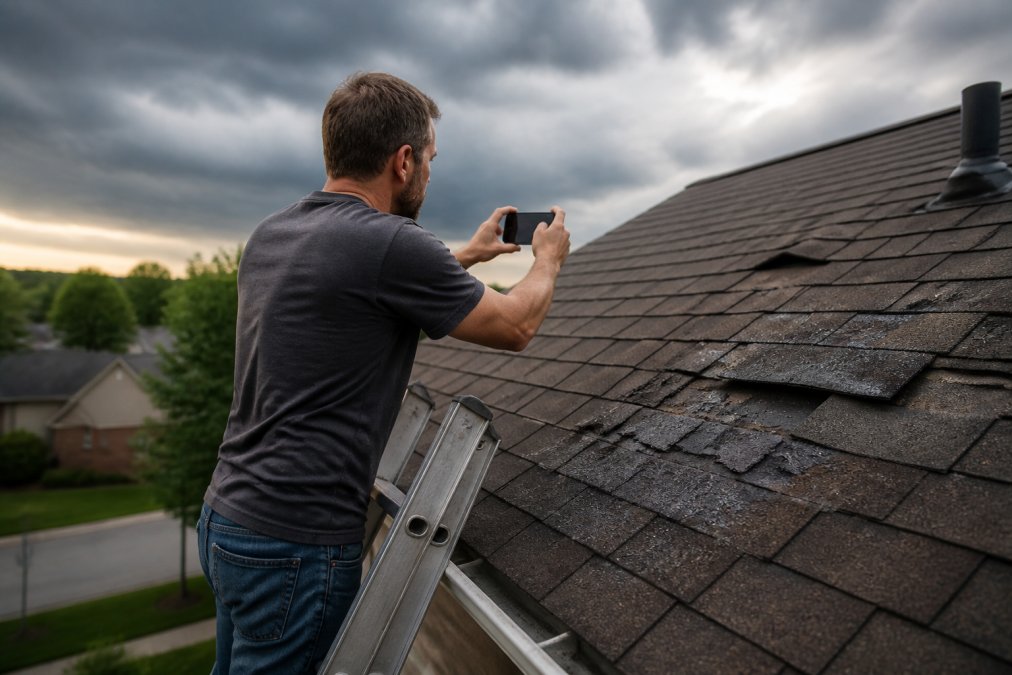 A homeowner on a ladder photographing cracked and missing asphalt shingles with a smartphone, dark storm clouds still visible on the horizon, late afternoon light