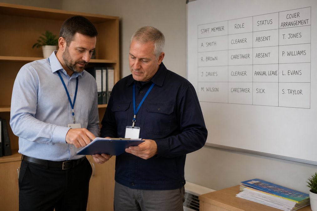 A school business manager and a facilities manager reviewing a staff absence contingency plan on a clipboard in a school office, with a whiteboard showing staff names and cover arrangements in the background