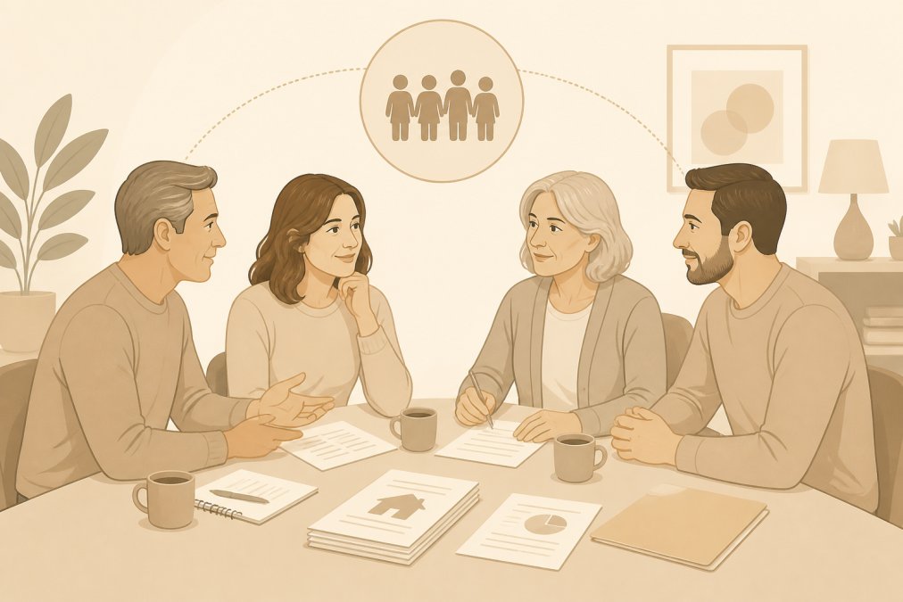 Adult siblings sitting together at a table having a calm, respectful conversation, with documents and coffee cups nearby, suggesting a constructive family meeting