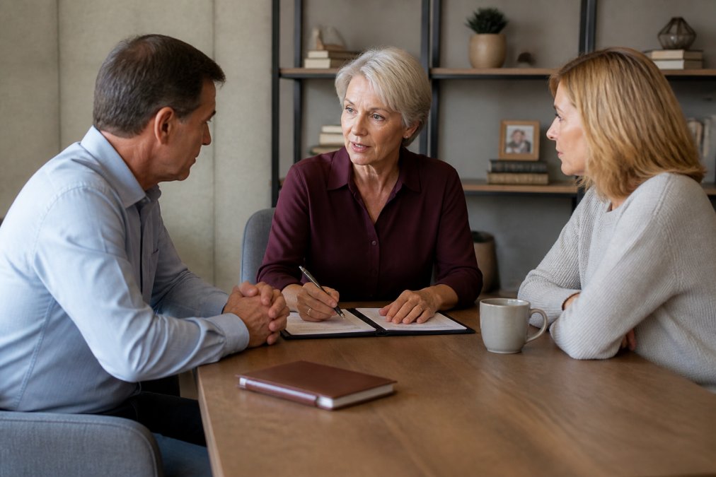A neutral mediator or professional facilitator sitting between two family members in a calm office setting, helping them work through disagreement