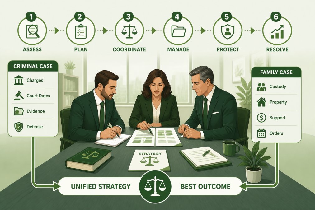 Professional woman meeting with two attorneys at a conference table, reviewing documents and discussing legal strategy together, with natural light from office windows