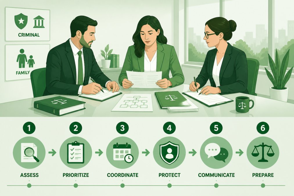 Process diagram showing steps for simultaneous criminal and family cases