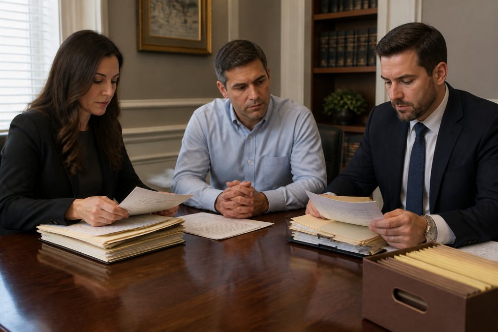 A man sitting at a conference table with two attorneys, one reviewing family law documents and the other reviewing criminal case files, in a professional law office setting