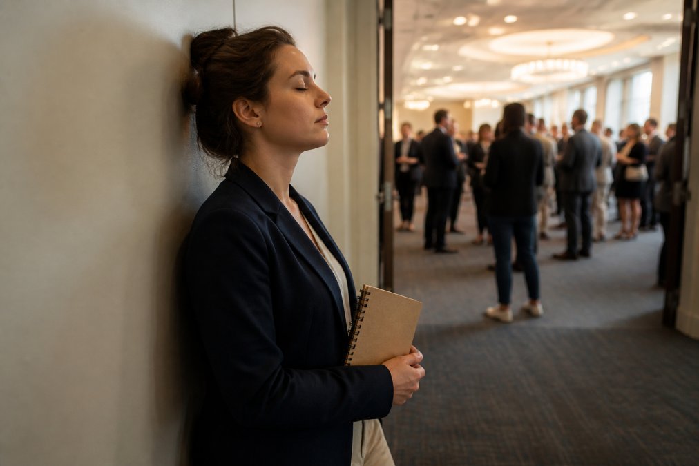 A professional in a quiet hallway taking a slow breath before entering a crowded networking event, holding a small notebook, warm overhead lighting