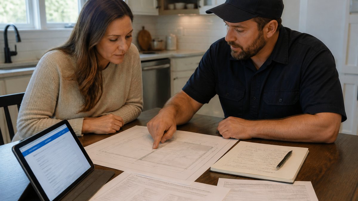 A homeowner and electrician reviewing documents for generator installation permits on a kitchen table.