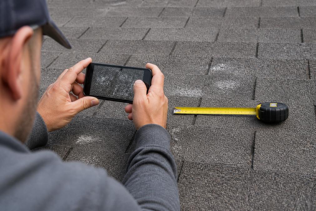 Homeowner photographing hail damage on a roof with a smartphone, capturing close-up dents in shingles with a measuring tape placed for scale reference