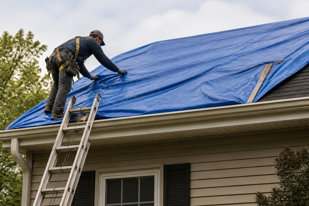 Contractor securing blue tarping over roof damage after a storm, with a ladder and safety equipment visible in the foreground
