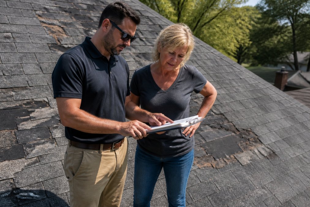 Insurance adjuster and homeowner discussing property damage assessment on a damaged roof, reviewing notes and damage reports together in daylight