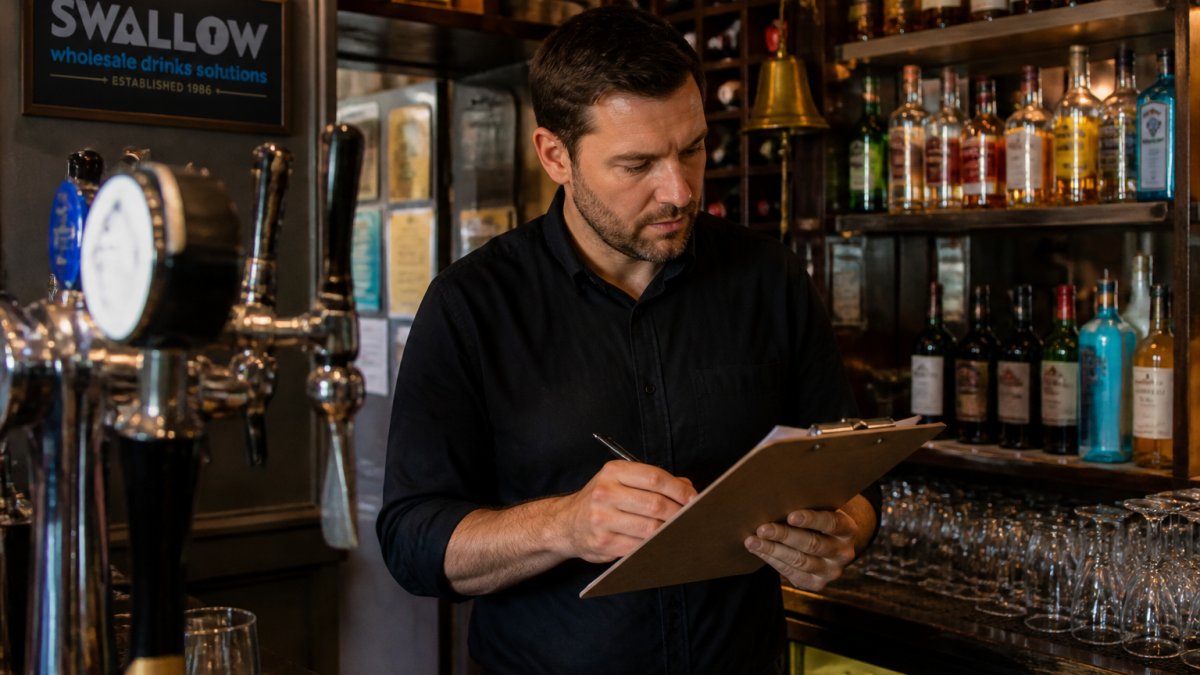A bar manager in a busy pub checking stock levels on a clipboard behind the bar, with beer taps and bottles visible in the background