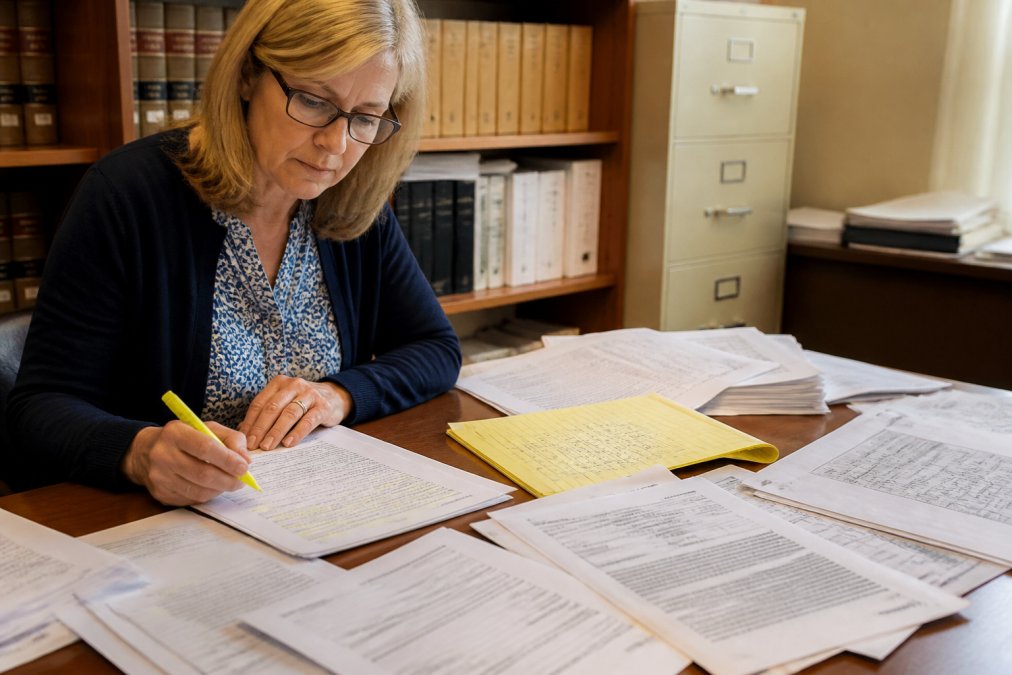 A title researcher reviewing property documents and a legal pad at a desk covered with county record printouts, a laptop open to a land records database, and a highlighter in hand
