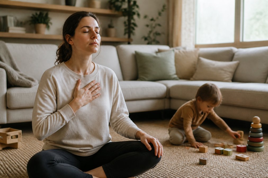 Parent sitting on the floor practicing deep breathing to stay calm during toddler tantrums in a sunny living room.