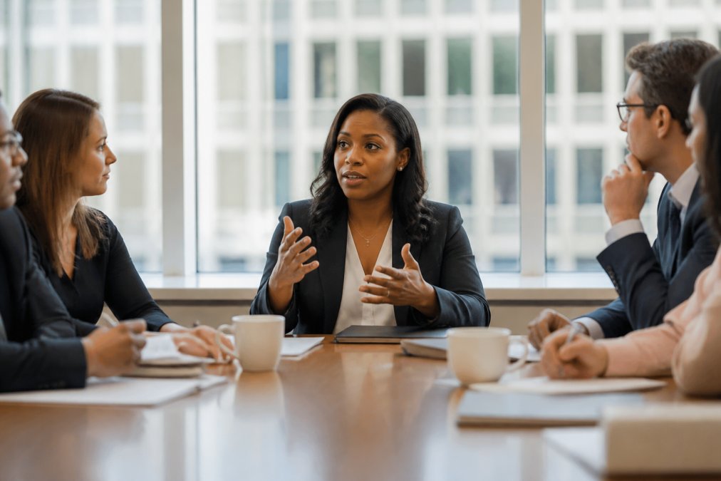 A professional woman calmly speaking up during a conference room meeting, with colleagues listening attentively around a table, natural office lighting