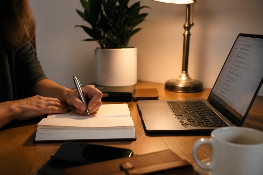 Close-up of a woman's hands writing detailed notes in a journal next to a laptop open to an email inbox, warm desk lamp lighting in a home office setting