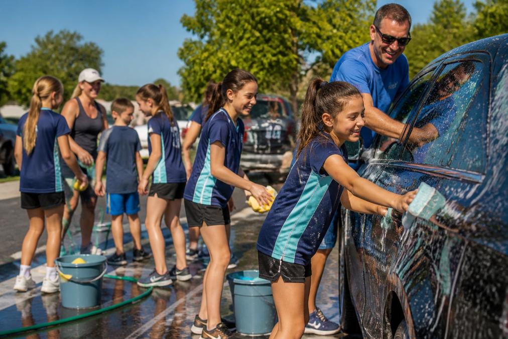 Youth sports team wearing matching custom team apparel at a fundraising car wash event, with team members smiling and engaged in the activity, parents and children working together in bright afternoon sunlight