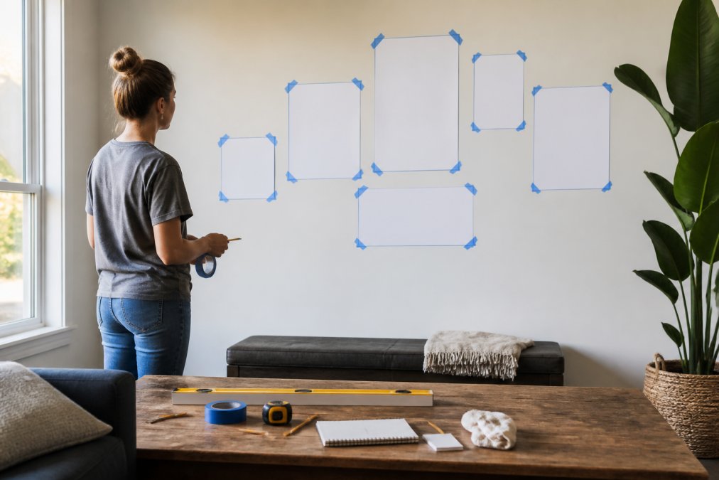 Person using painter's tape and paper templates to plan how to hang abstract paintings on a living room wall.
