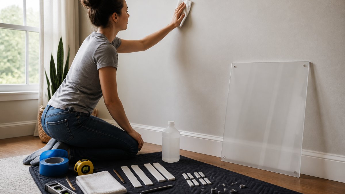 A person cleaning a painted living room wall with a cloth and rubbing alcohol, a frameless acrylic sign resting nearby on the floor, natural daylight from a window