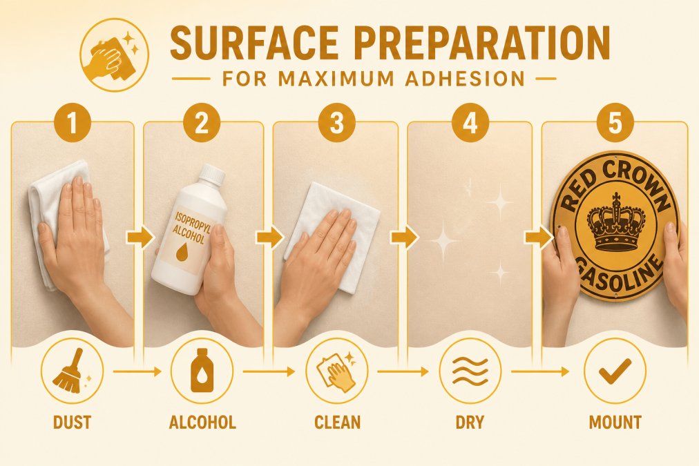Close-up of hands cleaning a drywall surface with isopropyl alcohol and a white cloth, showing the preparation process before mounting an aluminum sign