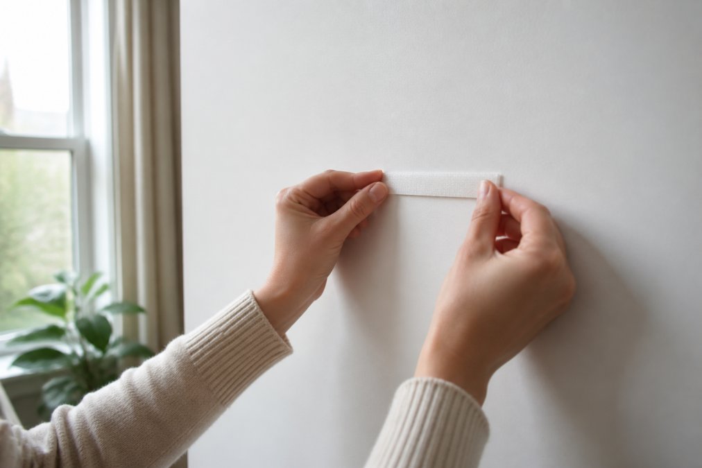 Close-up of hands carefully applying adhesive picture hanging strips to a white drywall surface, showing proper technique with the strip positioned level and firmly pressed, natural daylight from a window
