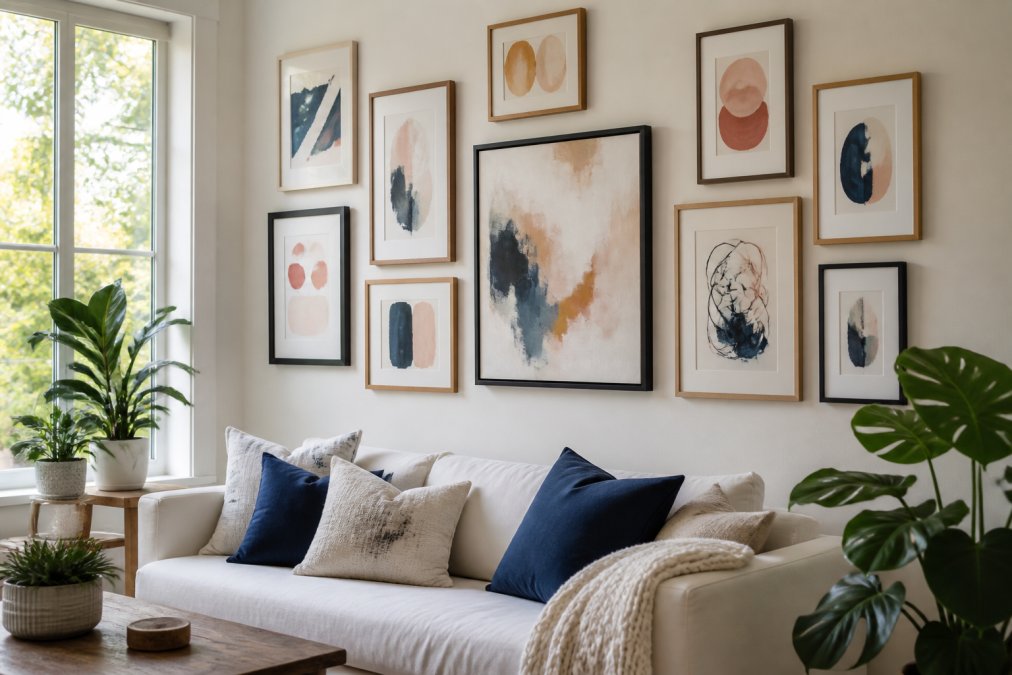 Bright modern living room featuring a carefully arranged gallery wall of framed abstract art in various sizes, with removable adhesive strips and hooks, complemented by a comfortable seating area and warm natural lighting from large windows