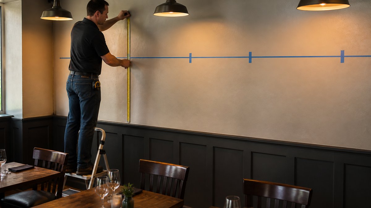Restaurant manager using a tape measure to mark wall art height with painter's tape in a dining room