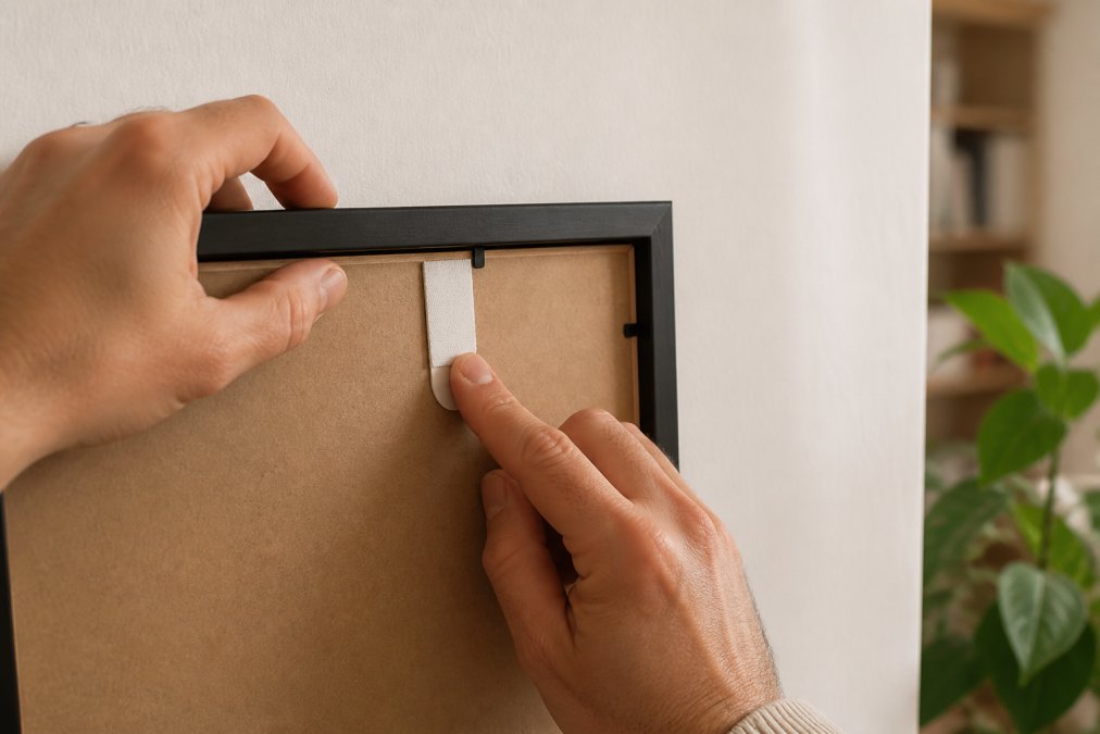 Close-up of a person's hands pressing an adhesive picture-hanging strip firmly onto the back of a framed poster against a smooth white painted wall, warm indoor lighting