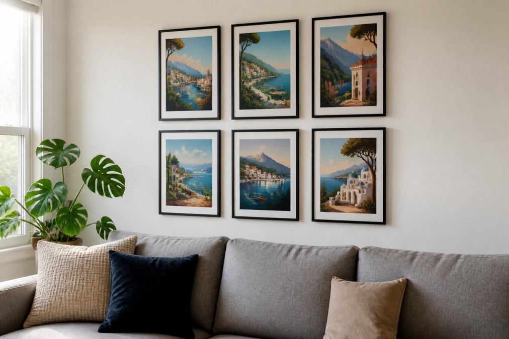 A neatly arranged gallery wall of six framed travel posters in black frames, hung on a bright white living room wall with a grey sofa and potted monstera plant below, natural daylight from a side window