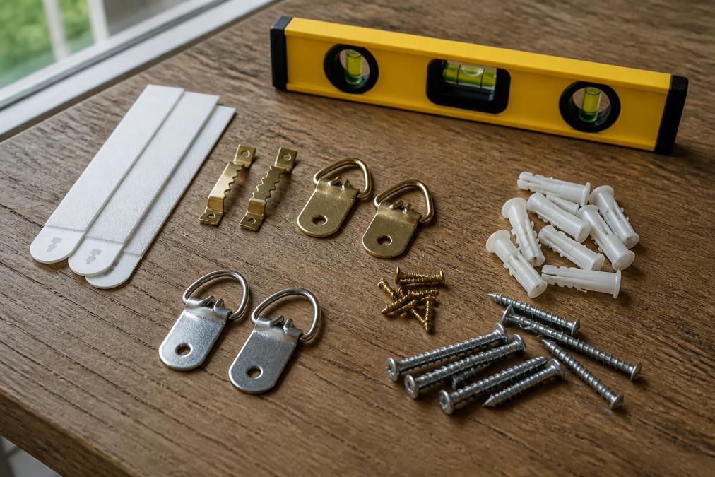 Close-up of hanging hardware laid out on a wooden surface, including picture hooks, drywall anchors, adhesive strips, D-rings, and a spirit level in natural daylight