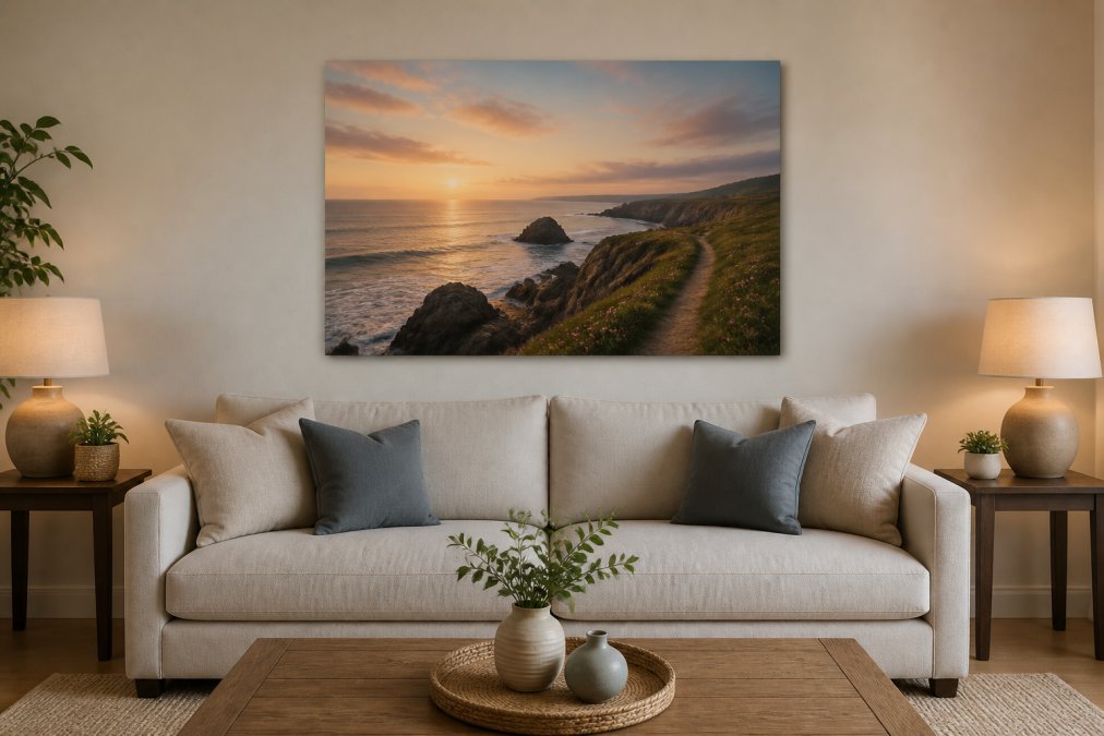 A modern living room interior with a large canvas landscape print hung at eye level on a neutral wall above a cream-coloured sofa, with side tables and warm lighting visible