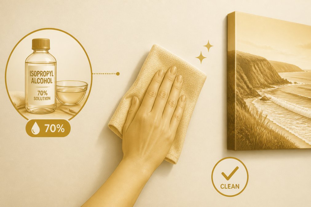 Close-up of a hand cleaning a wall surface with a cloth dampened with isopropyl alcohol solution, showing the preparation of smooth drywall before hanging canvas art