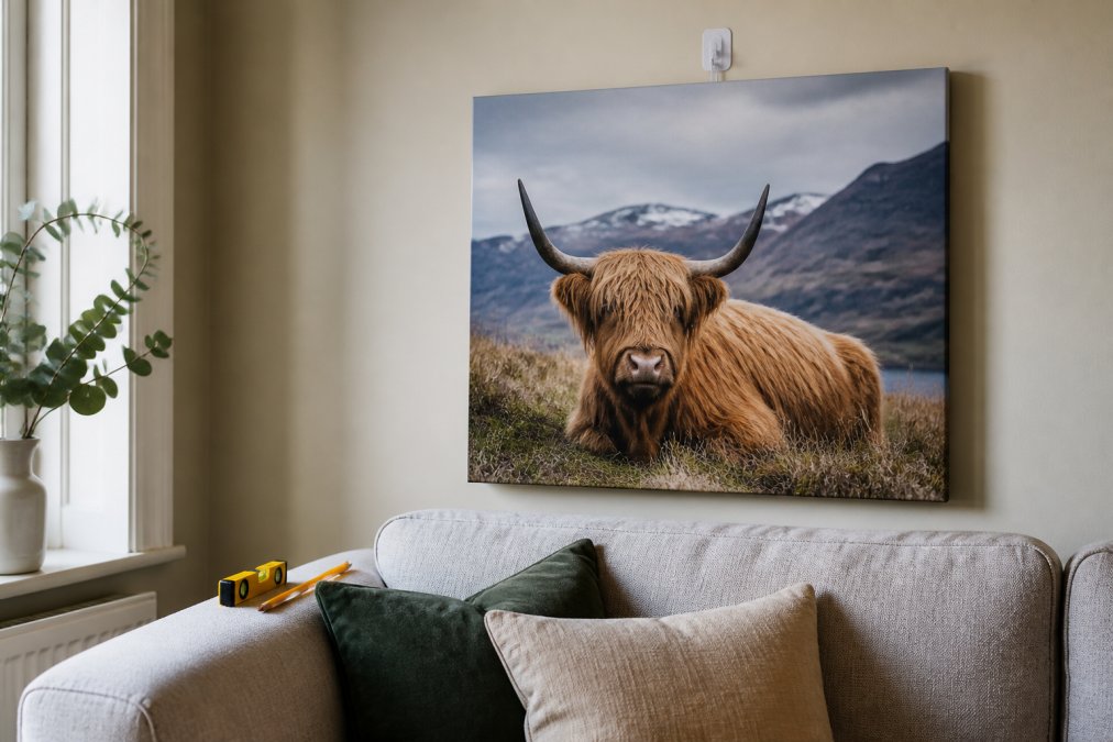 A bright rented living room with a large Highland cow canvas print hung above a sofa using an adhesive hook, with a small spirit level and pencil resting on the sofa arm nearby