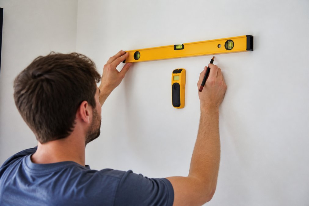 Person using a spirit level and pencil to mark the precise hanging position on a wall, with a stud finder visible on the surface, preparing to install adhesive strips for a canvas print
