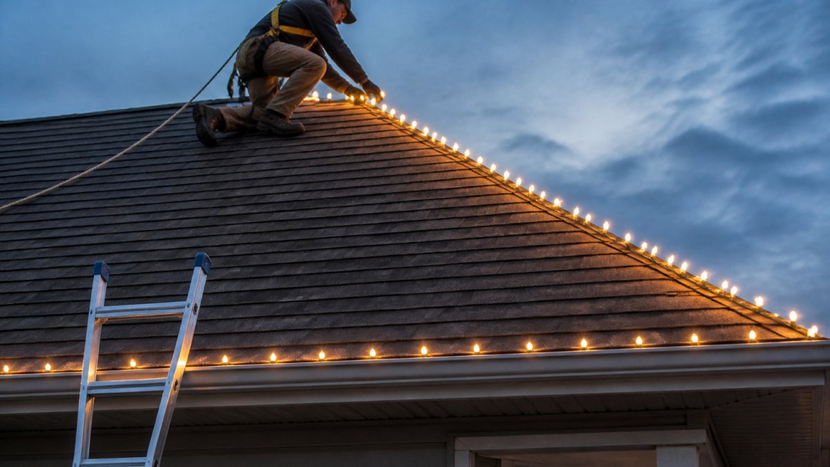 A worker on a steep pitched roof at dusk carefully attaching a string of warm white Christmas lights along the ridge using shingle clips, with a safety harness visible and a ladder secured at the eave below