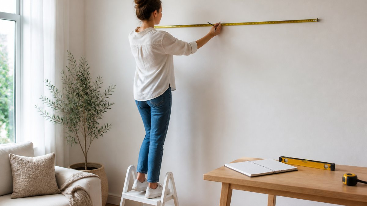 A person on a small step stool holding a measuring tape and a pencil against a blank living room wall, with a notebook and a level resting on a nearby table, natural daylight from a window