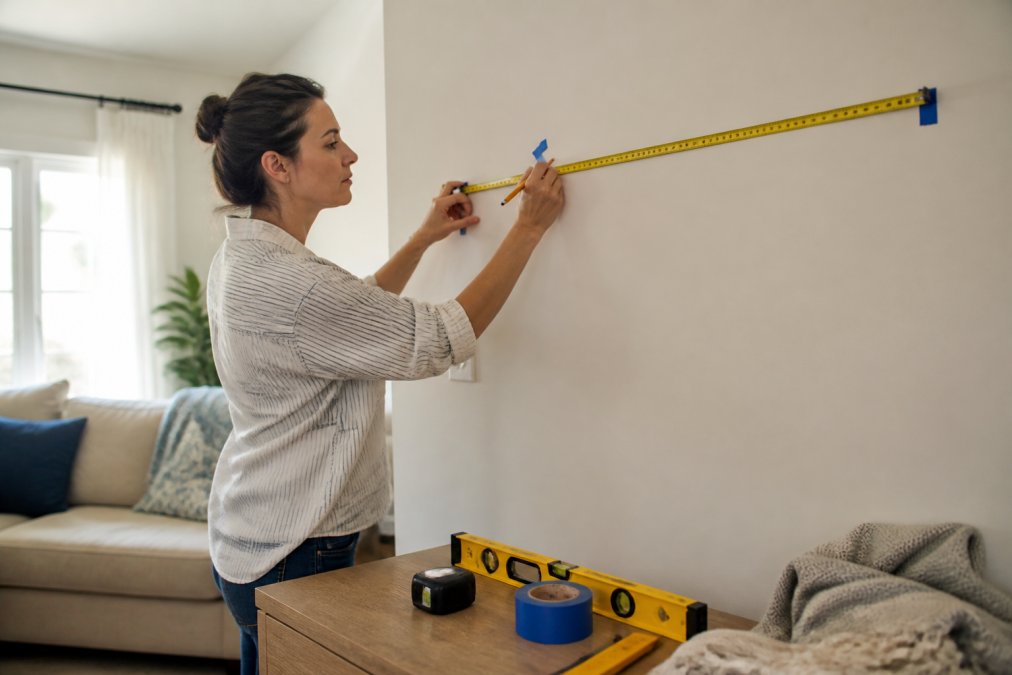 A person using a tape measure and pencil to mark a spot on a light-colored wall, with a level and painter's tape visible nearby, in a bright living room with a sofa in the background
