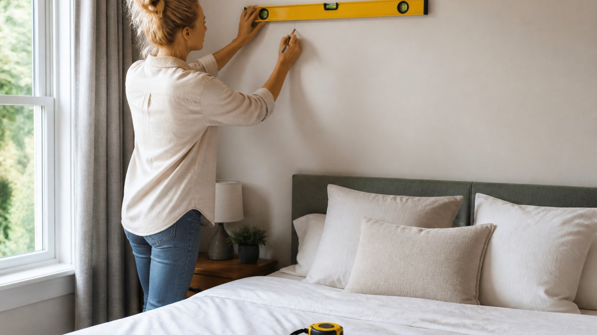 Person using a spirit level and pencil to mark a wall above a bed for hanging heavy artwork safely
