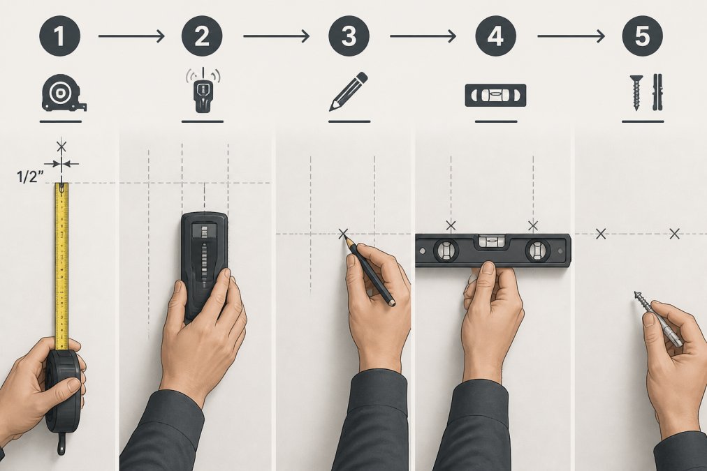 Close-up of hands using a level, stud finder, and measuring tape on a white wall with light pencil marks showing the practical tools and process of preparing to hang a large coastal painting