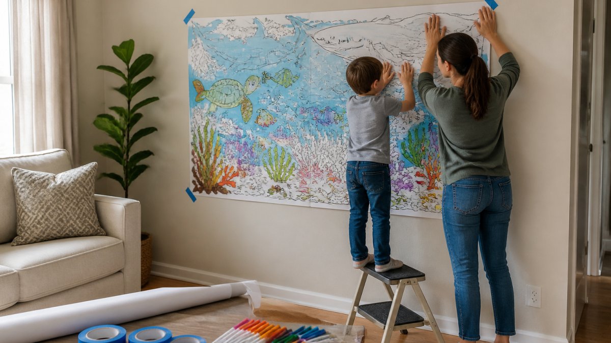 A parent and child on a step stool pressing a large colorful 30x50 coloring poster onto a living room wall, using painter's tape at the corners, bright natural light, warm family home setting