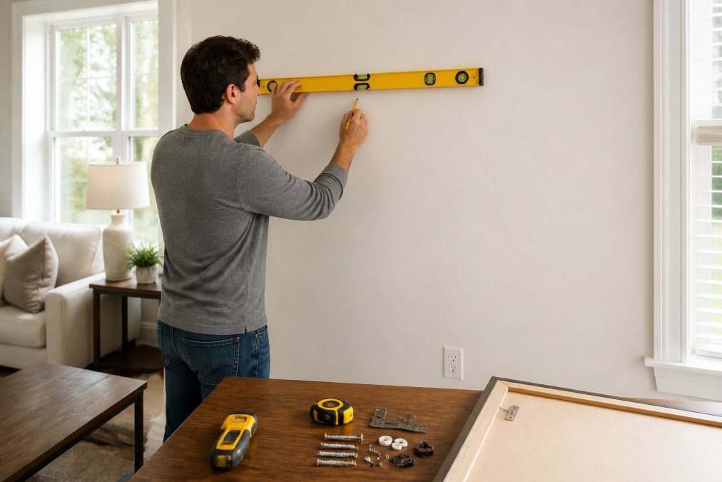 A person using a spirit level and pencil to mark a bright living room wall for a large framed canvas, with a stud finder and hardware laid out on a nearby table in natural daylight