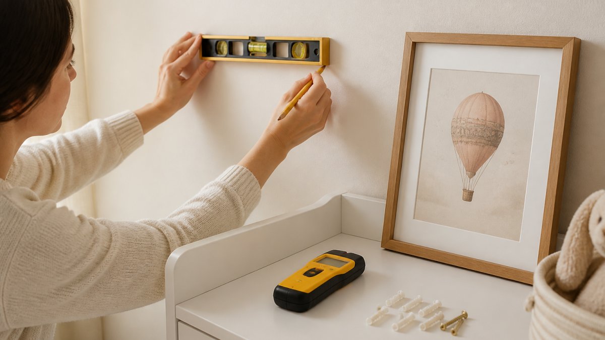 A parent's hands using a spirit level and pencil to mark a spot on a pale nursery wall, with a framed print, stud finder, and wall anchors resting on a nearby changing table in soft afternoon light