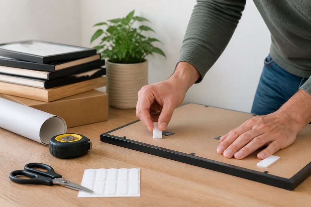Hands applying adhesive strips to the back of a picture frame before mounting it on a clean white wall.