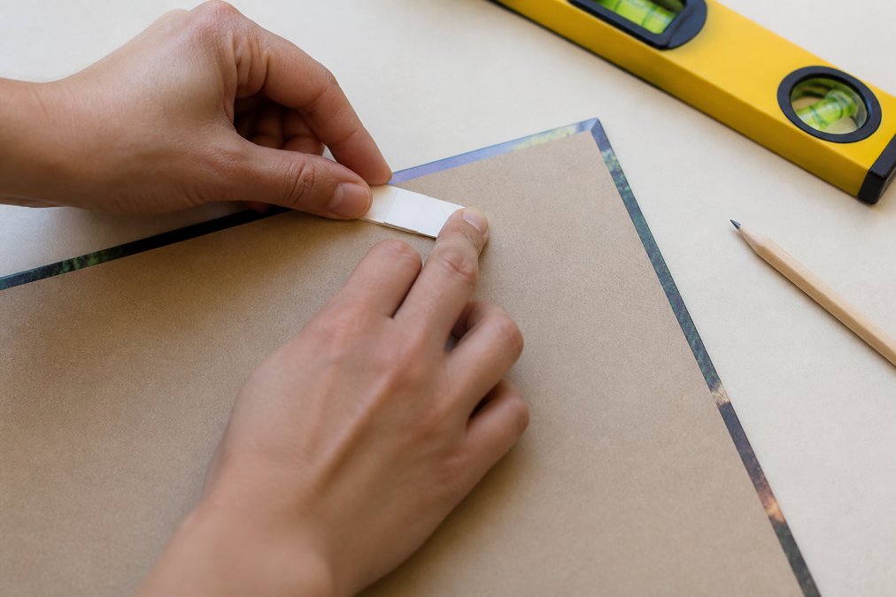 Step-by-step guide to applying adhesive strips to hang storybook prints safely on walls