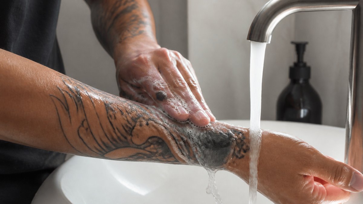 Close-up of hands gently washing a fresh tattoo under warm running water with antibacterial soap, showing proper technique and care, water flowing over the tattooed area with soft lighting