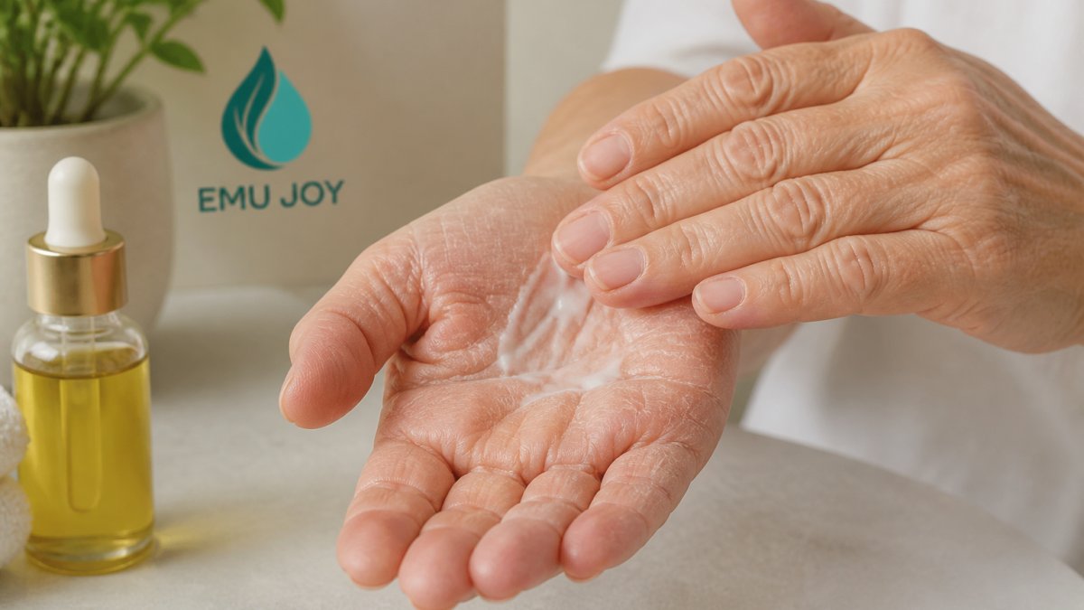 Close-up of hands applying a thick cream or oil to visibly cracked skin on the palm, with a bottle of moisturizer nearby on a clean surface