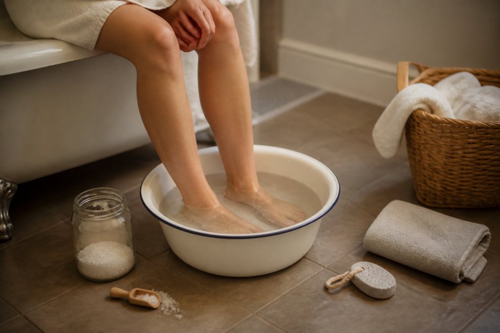 Person soaking feet in a warm basin with Epsom salts to help heal dry feet overnight